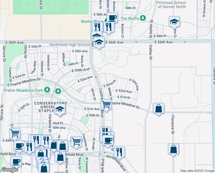 map of restaurants, bars, coffee shops, grocery stores, and more near 9190 East 52nd Drive in Denver