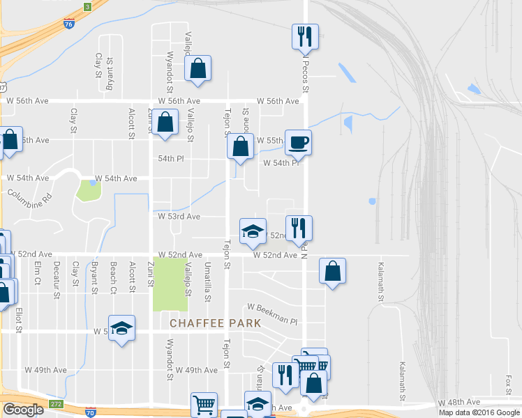 map of restaurants, bars, coffee shops, grocery stores, and more near 5320 Raritan Way in Denver