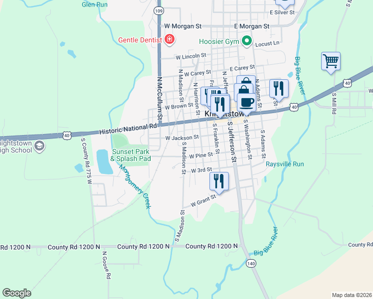 map of restaurants, bars, coffee shops, grocery stores, and more near 117 S Madison St in Knightstown