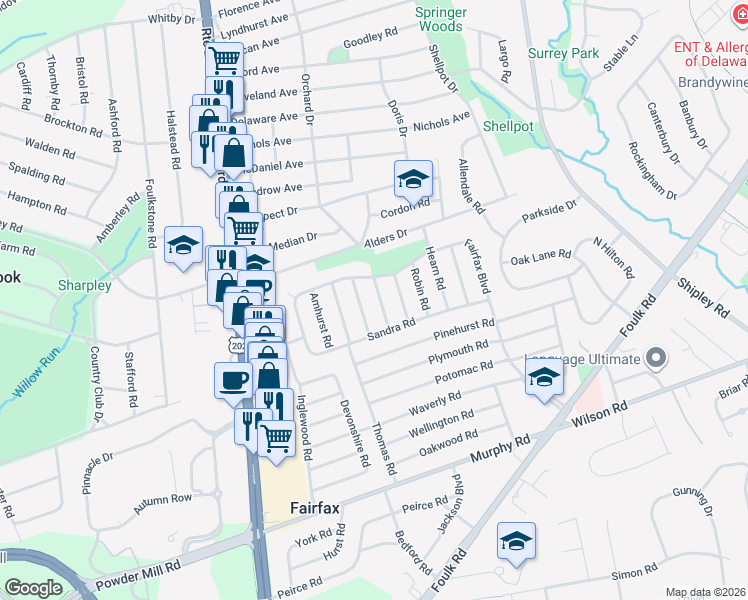 map of restaurants, bars, coffee shops, grocery stores, and more near 2217 Beaumont Road in Wilmington