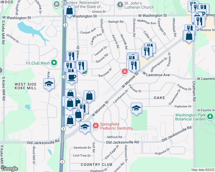 map of restaurants, bars, coffee shops, grocery stores, and more near 2651 Farragut Drive in Springfield