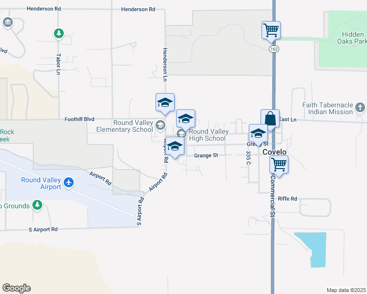 map of restaurants, bars, coffee shops, grocery stores, and more near 76270 High School Street in Covelo
