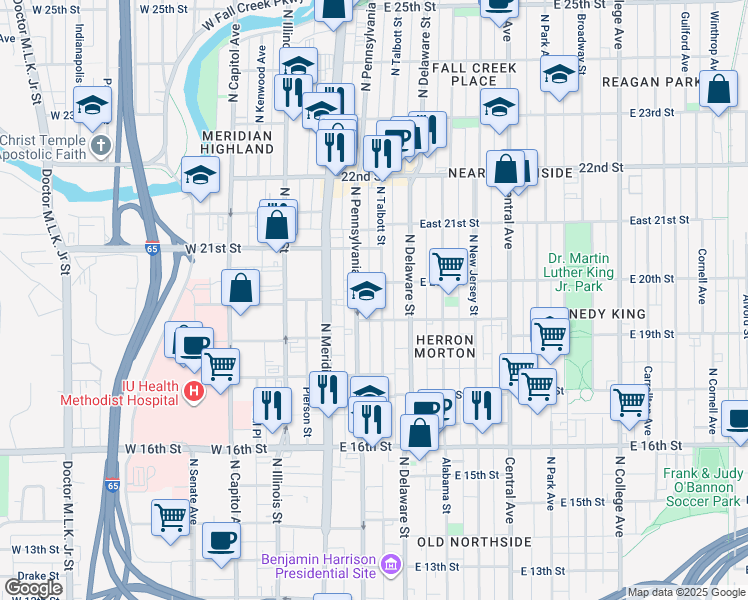 map of restaurants, bars, coffee shops, grocery stores, and more near 1925 North Pennsylvania Street in Indianapolis