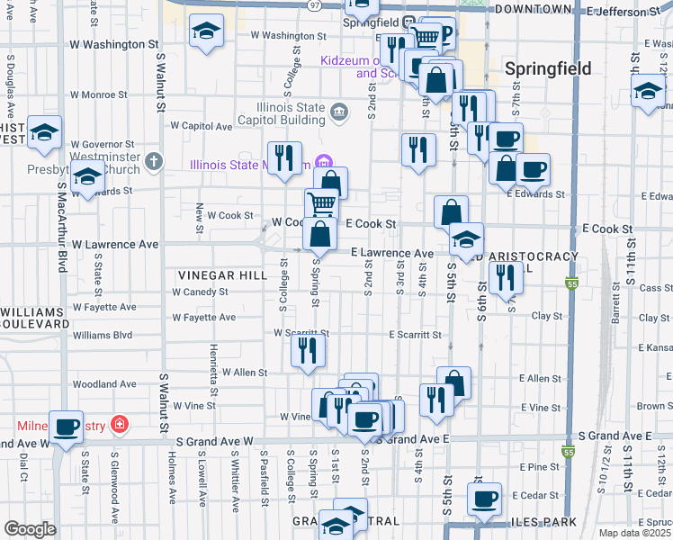 map of restaurants, bars, coffee shops, grocery stores, and more near 818 South Spring Street in Springfield