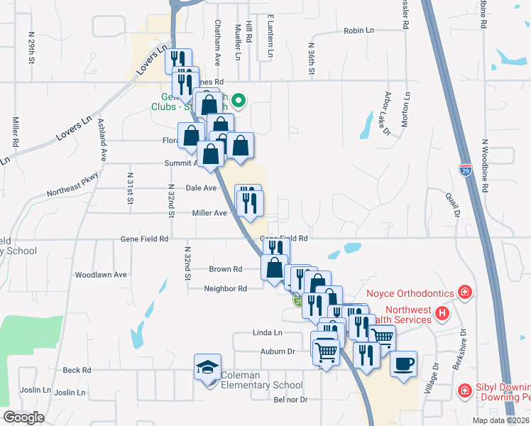 map of restaurants, bars, coffee shops, grocery stores, and more near 2808 Pembroke Lane in Saint Joseph