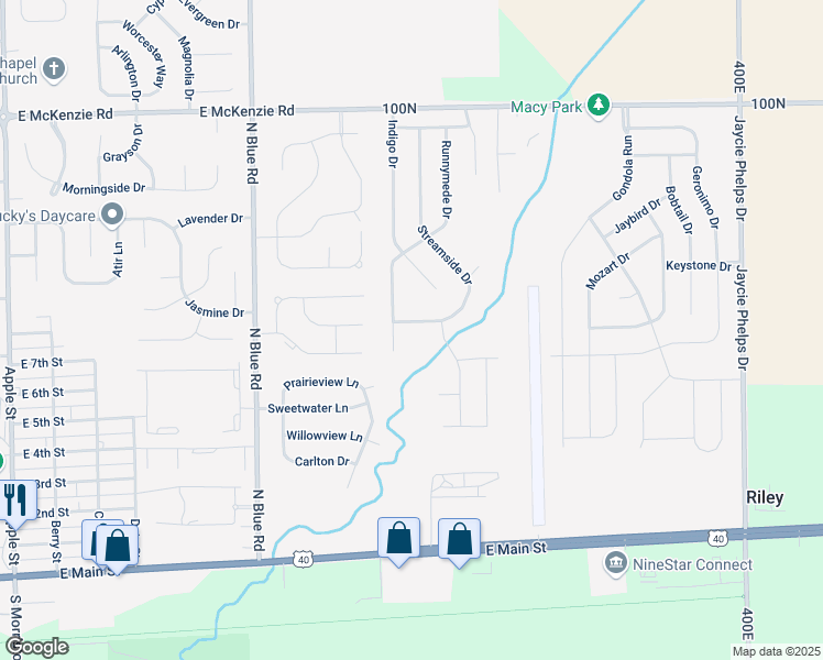map of restaurants, bars, coffee shops, grocery stores, and more near 529 Streamside Drive in Greenfield