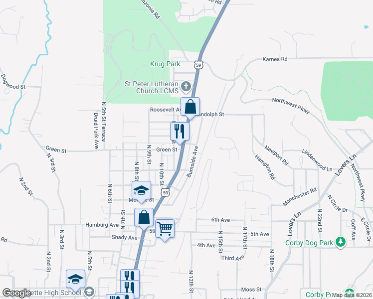 map of restaurants, bars, coffee shops, grocery stores, and more near 3202 Saint Joseph Avenue in Saint Joseph