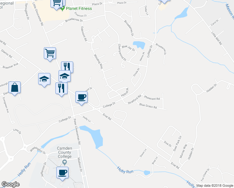 map of restaurants, bars, coffee shops, grocery stores, and more near 1652 Lawncrest Lane in Clementon