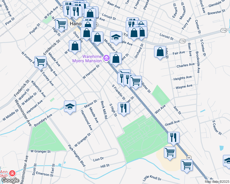 map of restaurants, bars, coffee shops, grocery stores, and more near 441 South Franklin Street in Hanover
