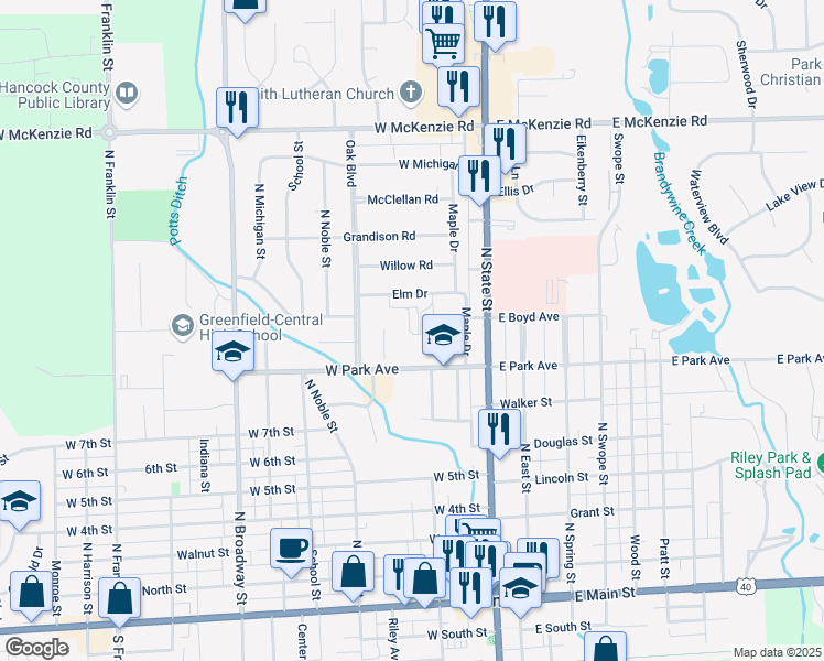 map of restaurants, bars, coffee shops, grocery stores, and more near 204 West Park Avenue in Greenfield