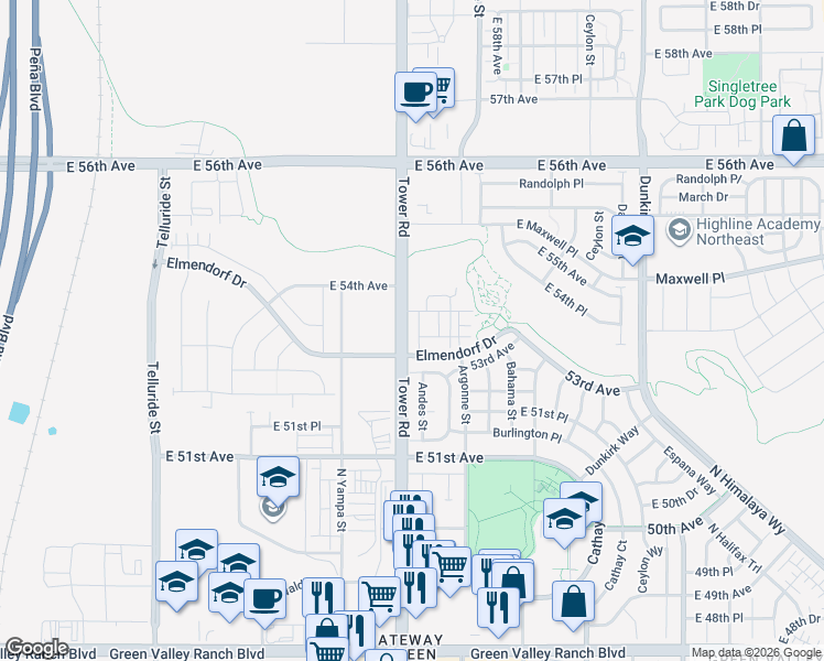 map of restaurants, bars, coffee shops, grocery stores, and more near 5360 North Andes Street in Denver