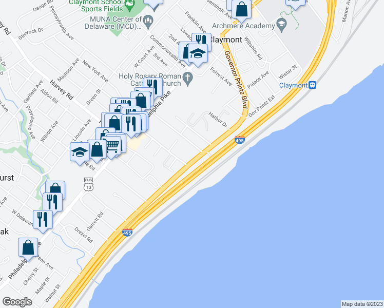 map of restaurants, bars, coffee shops, grocery stores, and more near 143 Princeton Avenue in Claymont