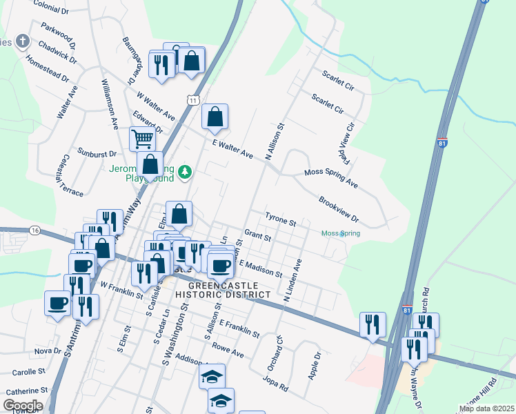 map of restaurants, bars, coffee shops, grocery stores, and more near 235 North Allison Street in Greencastle