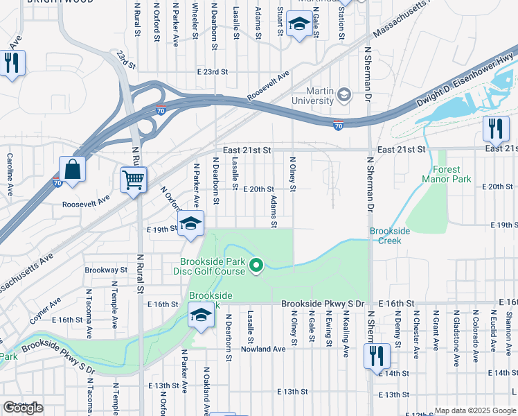 map of restaurants, bars, coffee shops, grocery stores, and more near 1937 Houston Street in Indianapolis