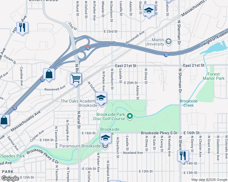 map of restaurants, bars, coffee shops, grocery stores, and more near 1942 North Dearborn Street in Indianapolis