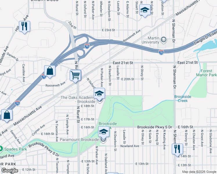map of restaurants, bars, coffee shops, grocery stores, and more near 1942 North Dearborn Street in Indianapolis