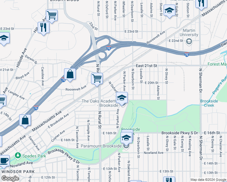 map of restaurants, bars, coffee shops, grocery stores, and more near 2852 East Brookside Avenue in Indianapolis