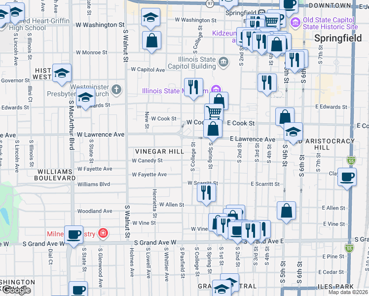 map of restaurants, bars, coffee shops, grocery stores, and more near 815 South College Street in Springfield