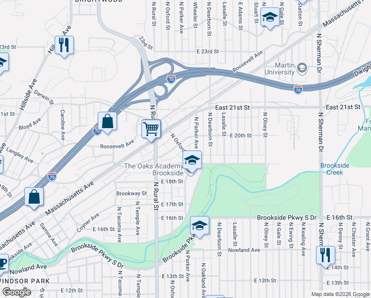 map of restaurants, bars, coffee shops, grocery stores, and more near 1936 North Parker Avenue in Indianapolis