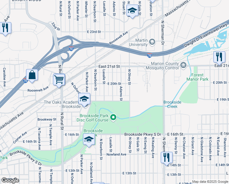 map of restaurants, bars, coffee shops, grocery stores, and more near 1937 Houston Street in Indianapolis