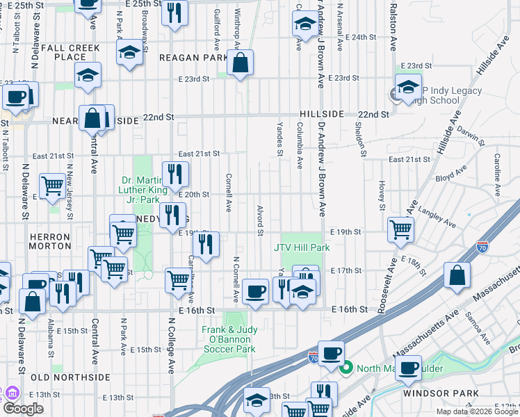 map of restaurants, bars, coffee shops, grocery stores, and more near 1947 Alvord Street in Indianapolis