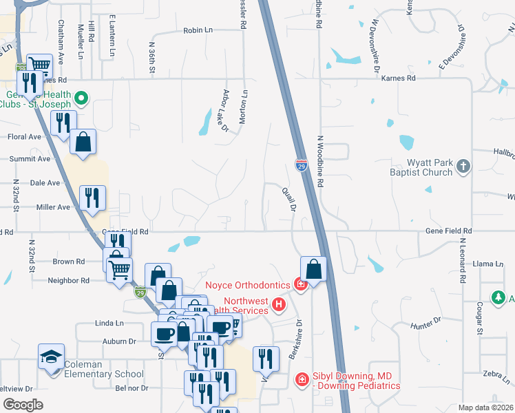 map of restaurants, bars, coffee shops, grocery stores, and more near 2802 North 39th Terrace in Saint Joseph