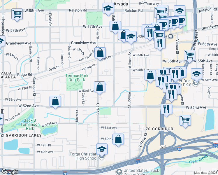 map of restaurants, bars, coffee shops, grocery stores, and more near 5320 Balsam Street in Arvada