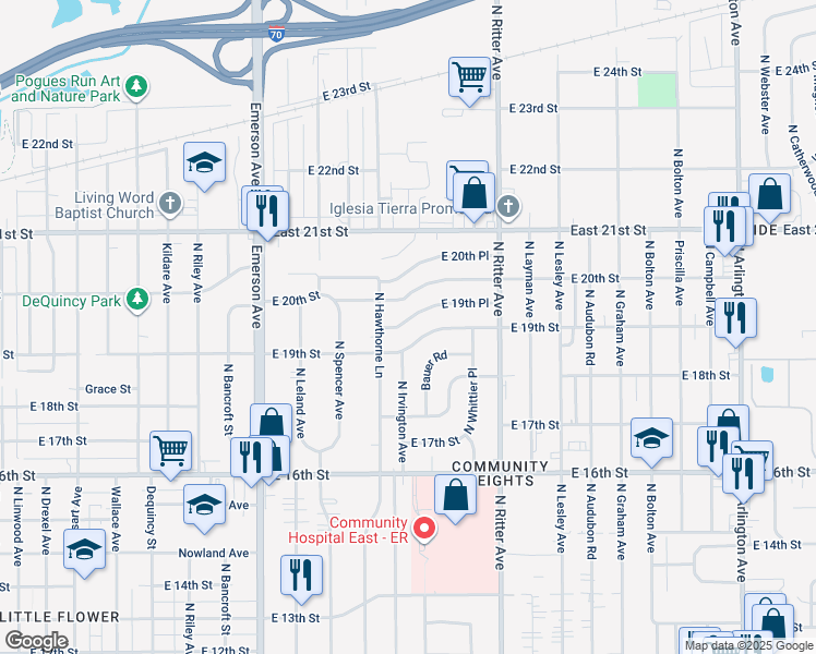 map of restaurants, bars, coffee shops, grocery stores, and more near 5321 East 19th Place in Indianapolis