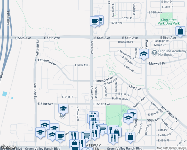 map of restaurants, bars, coffee shops, grocery stores, and more near 5360 North Andes Street in Denver