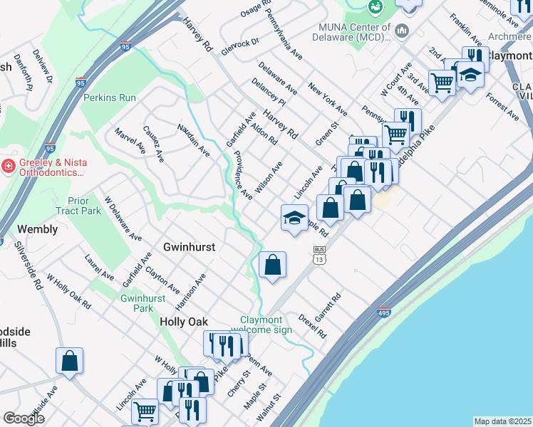 map of restaurants, bars, coffee shops, grocery stores, and more near 2308 McKinley Avenue in Claymont