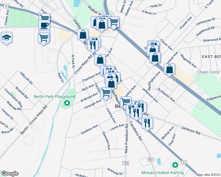 map of restaurants, bars, coffee shops, grocery stores, and more near 120 South White Horse Pike in Berlin