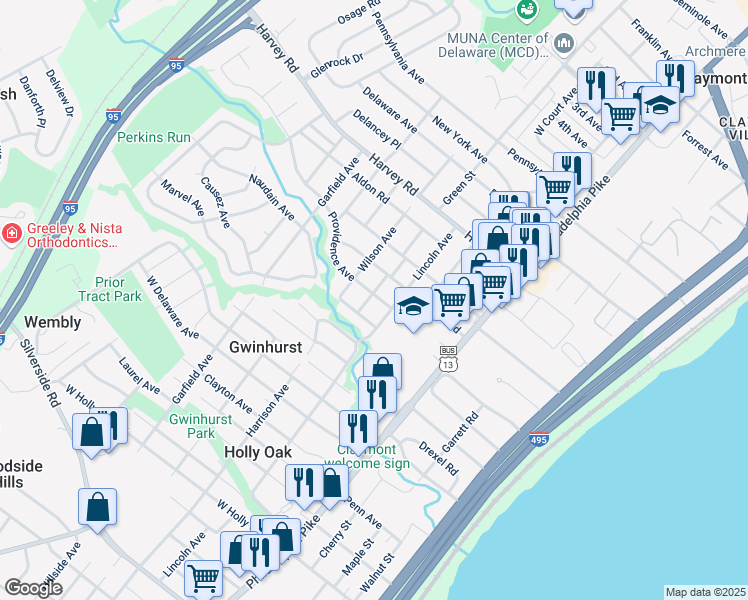 map of restaurants, bars, coffee shops, grocery stores, and more near 2308 McKinley Avenue in Claymont