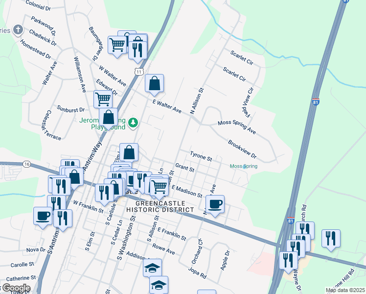 map of restaurants, bars, coffee shops, grocery stores, and more near 235 North Allison Street in Greencastle