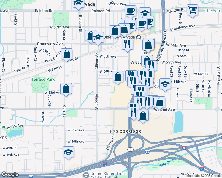 map of restaurants, bars, coffee shops, grocery stores, and more near 5340 Allison Street in Arvada