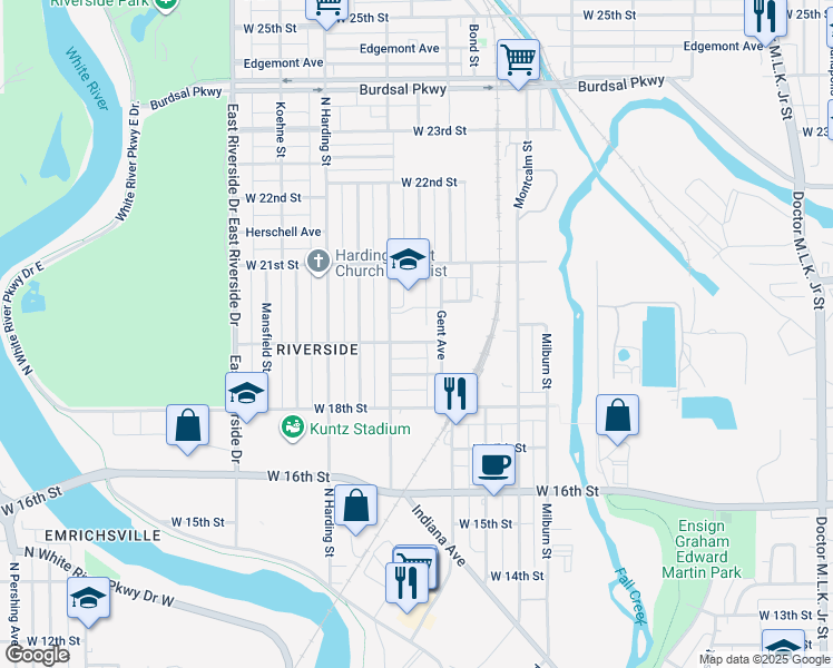map of restaurants, bars, coffee shops, grocery stores, and more near 1228 West 19th Street in Indianapolis