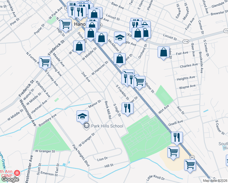 map of restaurants, bars, coffee shops, grocery stores, and more near 418 South High Street in Hanover