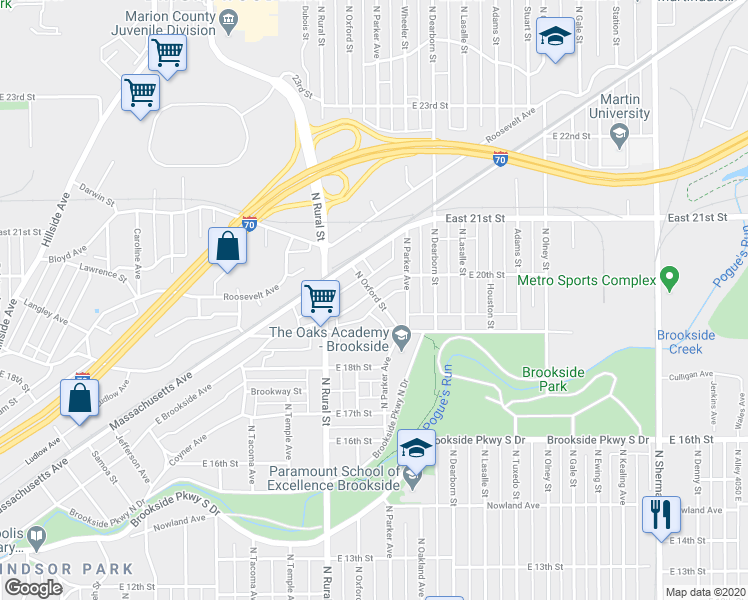 map of restaurants, bars, coffee shops, grocery stores, and more near 2865 Brookside Ave in Indianapolis