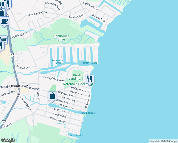map of restaurants, bars, coffee shops, grocery stores, and more near 14 Vessel Drive in Ocean Township