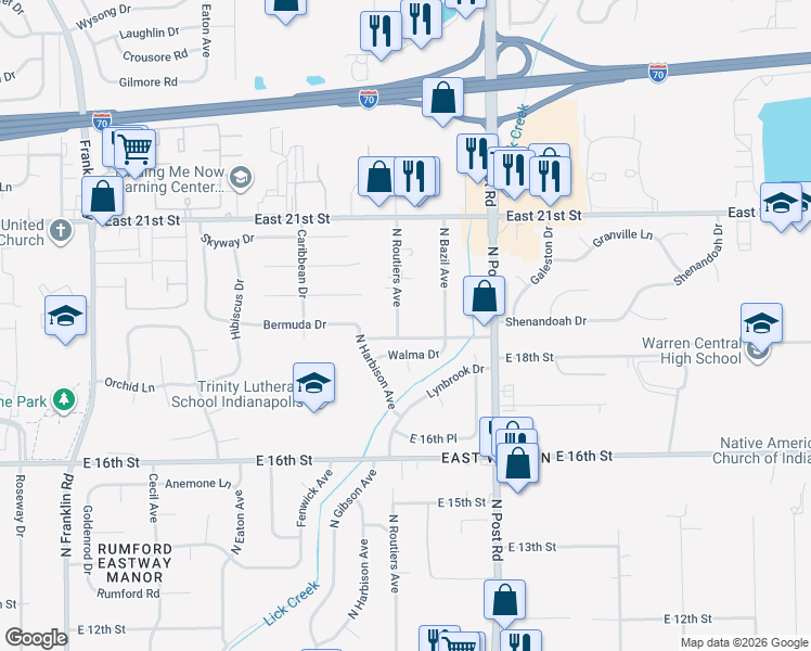 map of restaurants, bars, coffee shops, grocery stores, and more near 1821 North Routiers Avenue in Indianapolis