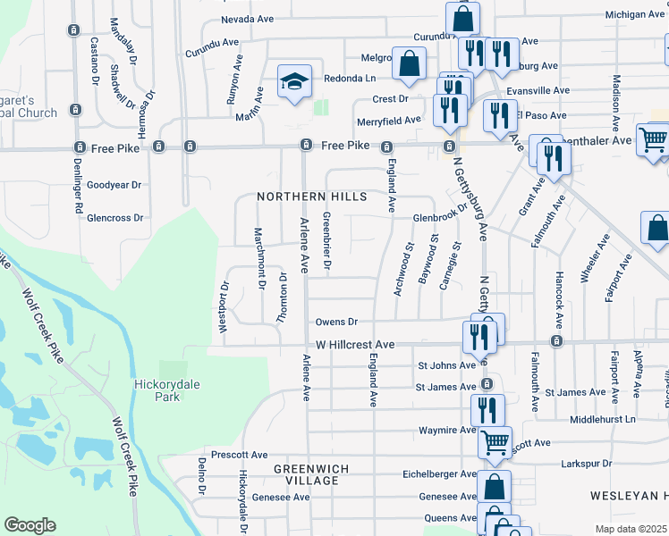 map of restaurants, bars, coffee shops, grocery stores, and more near 2514 Greenbrier Drive in Dayton