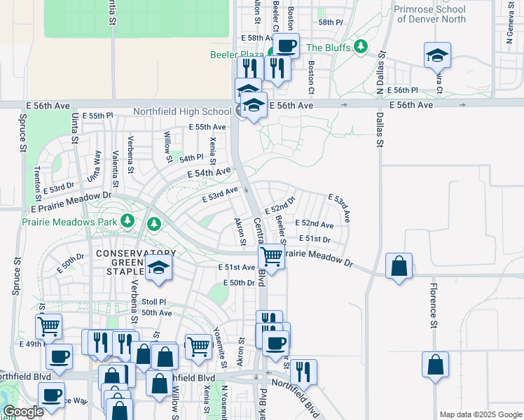 map of restaurants, bars, coffee shops, grocery stores, and more near 9111 East 52nd Drive in Denver
