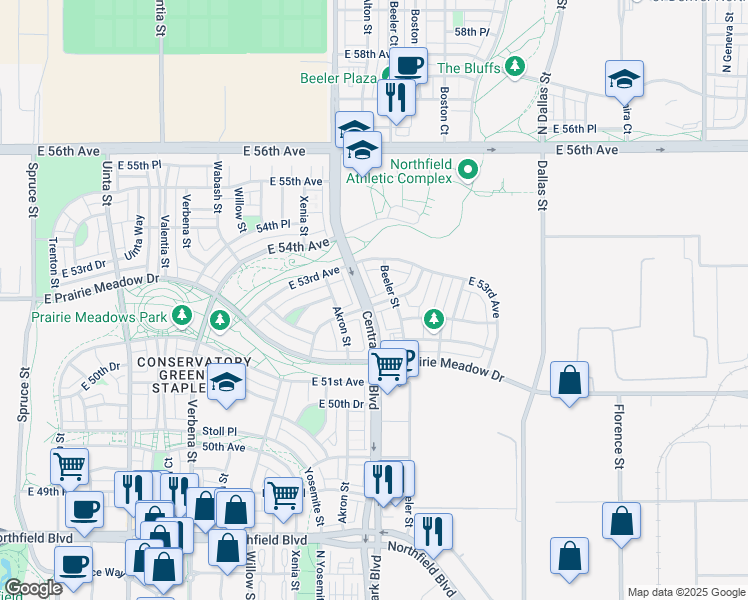 map of restaurants, bars, coffee shops, grocery stores, and more near 9111 East 52nd Drive in Denver
