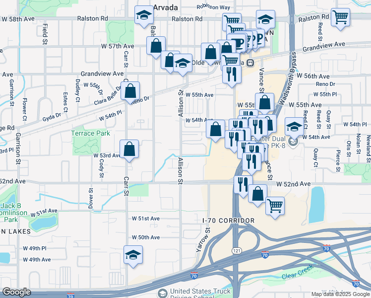 map of restaurants, bars, coffee shops, grocery stores, and more near 5310 Allison Street in Arvada