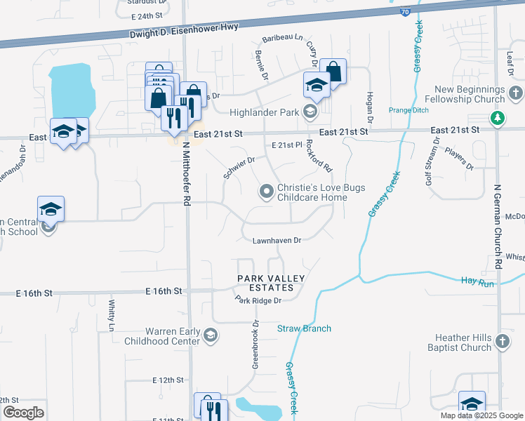 map of restaurants, bars, coffee shops, grocery stores, and more near 10225 Churchill Court in Indianapolis