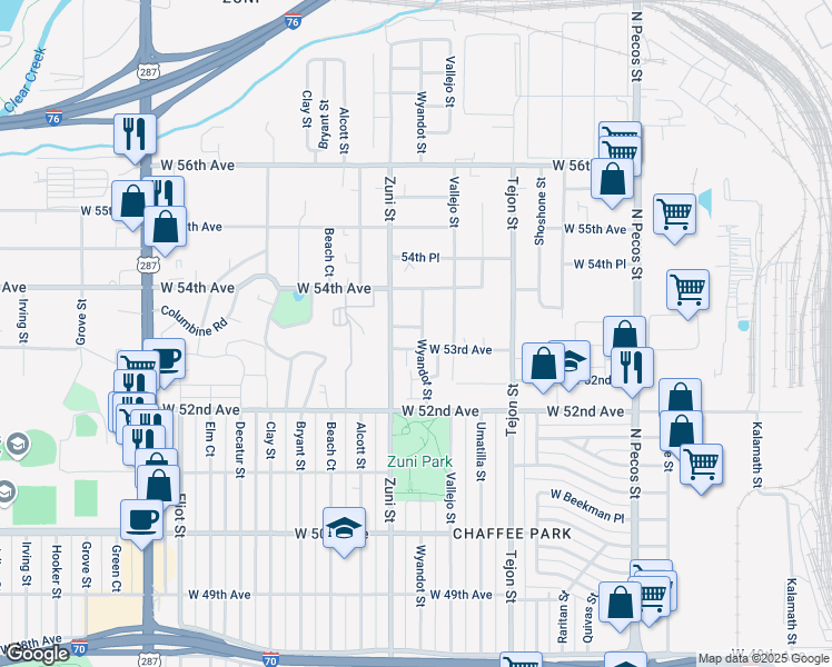 map of restaurants, bars, coffee shops, grocery stores, and more near 5321 Wyandot Street in Denver