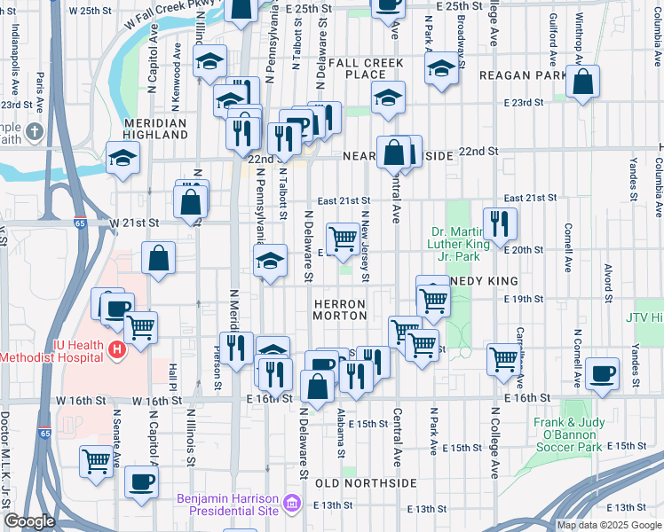 map of restaurants, bars, coffee shops, grocery stores, and more near 1930 North Alabama Street in Indianapolis