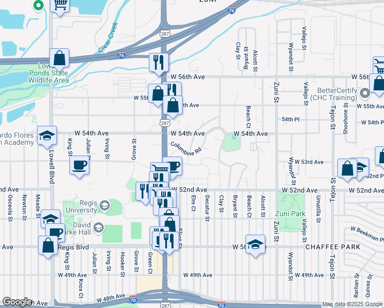 map of restaurants, bars, coffee shops, grocery stores, and more near 5302 Columbine Road in Denver