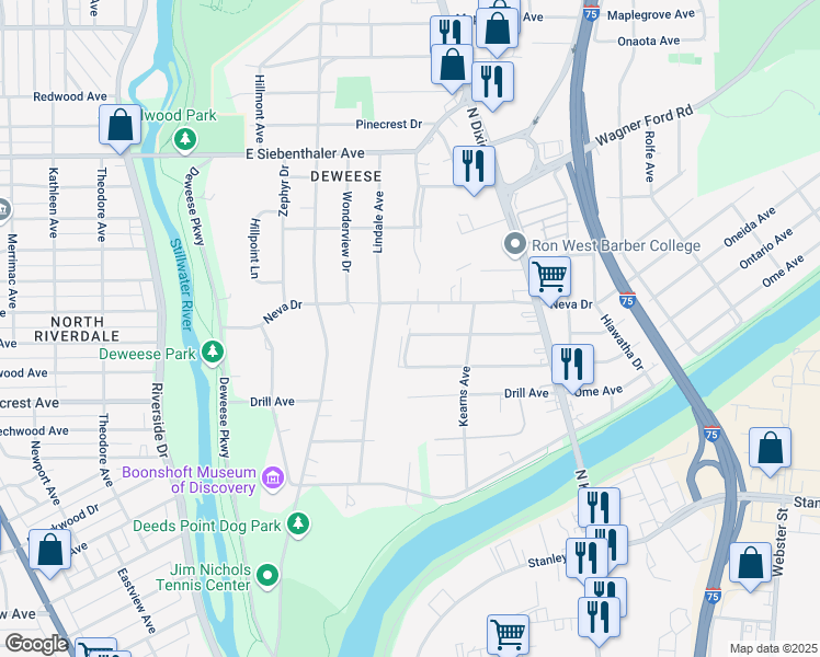 map of restaurants, bars, coffee shops, grocery stores, and more near 3057 Idle Wilde Boulevard in Dayton