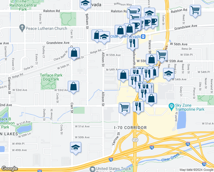map of restaurants, bars, coffee shops, grocery stores, and more near 5310 Allison Street in Arvada