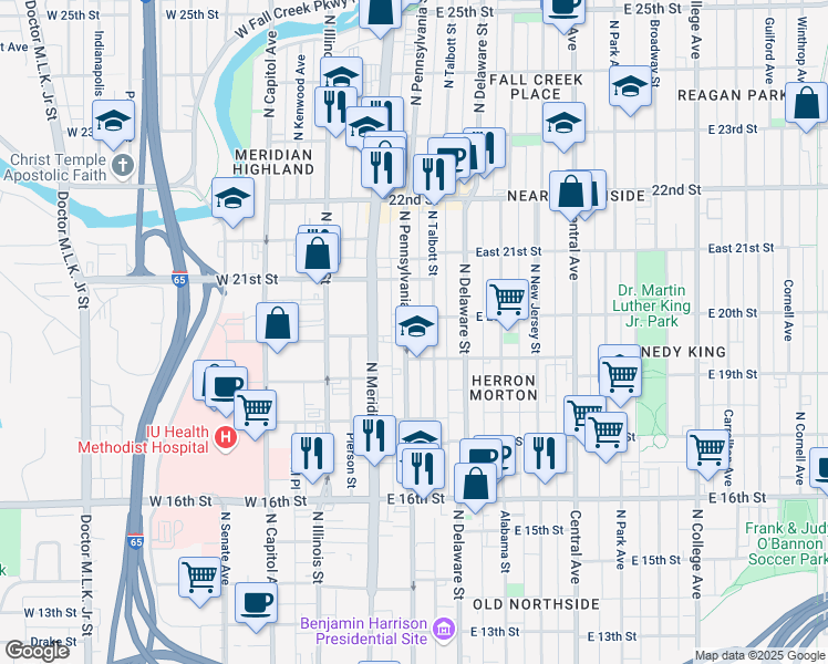 map of restaurants, bars, coffee shops, grocery stores, and more near 1925 North Pennsylvania Street in Indianapolis
